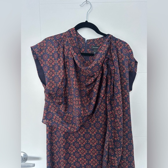 Club Monaco Designer Midi Dress Women Sz 8 Multi Geo Print Drape Neck Scarf - Picture 5 of 13